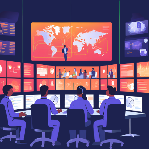 Logo für Incident Response Darstellung einer Kommandozentrale, die über mehrere Monitore alles im Blick hat und frühzeitig reagieren kann.